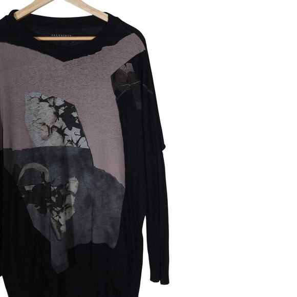 Allsaints Top XS Asymmetrical Bell Wave Black Graphic Draped Grunge Avant Garde - Picture 2 of 15